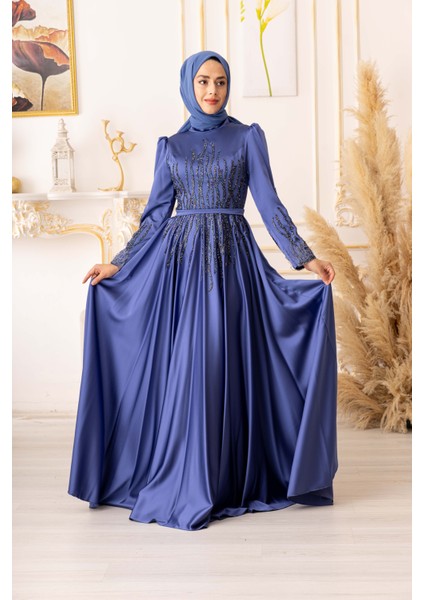 Tüy ve Taş Detaylı Saten Tesettür Abiye (K19825) fırsatları