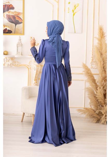 Tüy ve Taş Detaylı Saten Tesettür Abiye (K19825) indirimleri