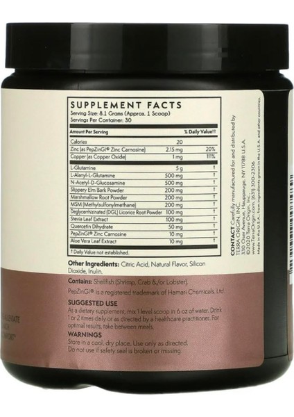 Dietary Supplement Terra Origin Healty Gut Berry Flavor Non Gmo 5 Grams L-Glutamine For Digestive Support 243 gr Powder