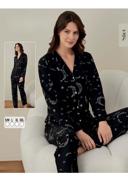 Kadın Süet Boydan Düğmeli Pijama Takımı 02009 - 1 Adet