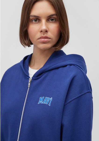 Logo Baskılı Kapüşonlu Fermuarlı Mavi SWEATSHIRT1S10178-70722