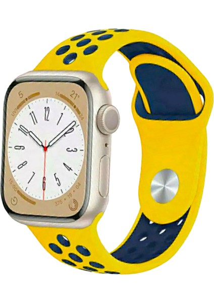 Apple Watch 38MM / 40MM/ 41 mm (Seriler /se ile Uyumlu) Delikli Spor Silikon Kordon Sarı Lacivert