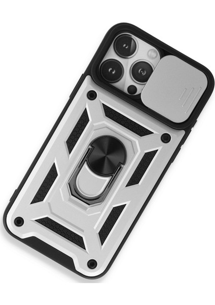 iPhone 15 Pro Max Kılıf Military Ring Armor Slide Case Pars Model - Gümüş