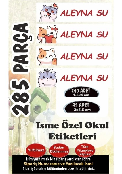 Okul Etiketi Kalem Defter Etiketi Özel Isim Yazılabilen Sevimli Kedicikler 285 Adet
