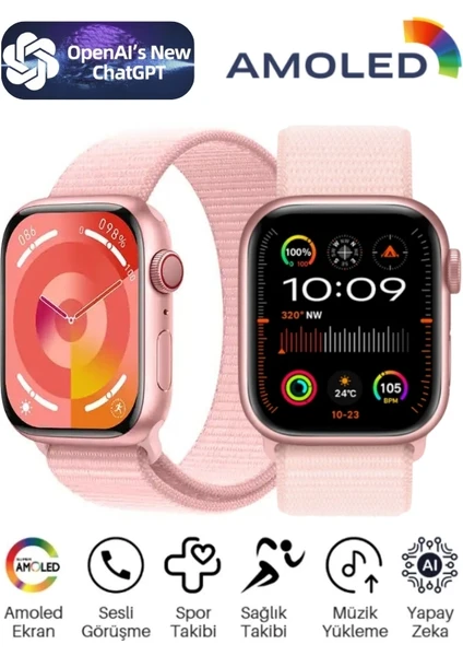 Watch 9 Promax Rose Gold 2GB Hafızalı Amoled Ekranlı Sesli Görüşmeli  Android Akıllı Saat ChatGPT, Uygulama Mağazası, Spor Takibi, Gps, Android İos iPhone Huawei Uyumlu HW69 PROMAX