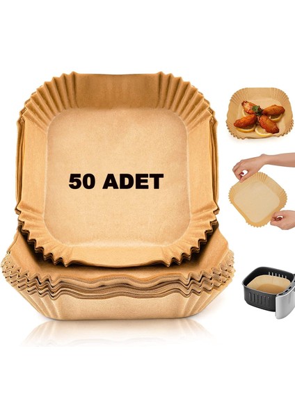 50 Adet Airfryer Pişirme Kağıdı Fritöz Yağlı Kağıt Yanmaz Yağlı Pişirme Kağıdı Airfryer Yanmaz Yapışmaz Pişirme Kağıdı (Kare, 14 Cm)