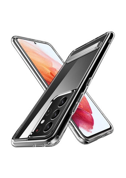 Samsung Galaxy S21 Ultra Kılıf Standlı Şeffaf Sert Silikon L-Stand Kapak
