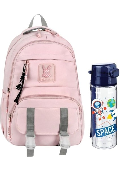 Pembe Renk Tokalı Okul Çantası ve Astronot Space Suluk 2'li Kırtasiye Seti, Su Geçirmez Çanta