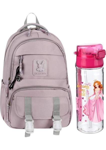 Pudra Renk Tokalı Okul Çantası ve Prenses Kedi Suluk 2'li Kırtasiye Seti, Su Geçirmez Çanta