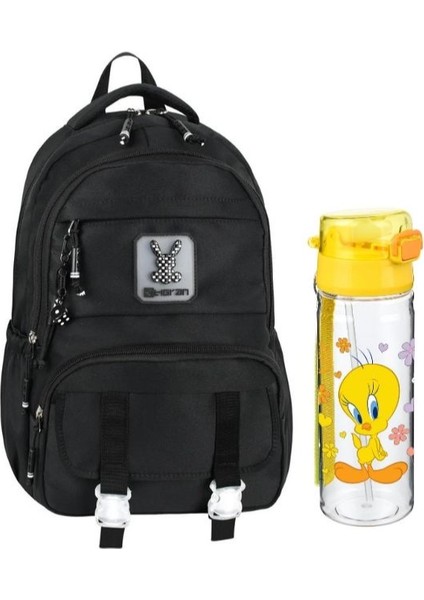 Siyah Renk Tokalı Okul Çantası ve Tweety Suluk 2'li Kırtasiye Seti, Su Geçirmez Çanta