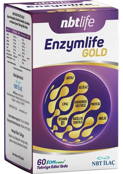 Nbt İlaç Nbtlife Enzymlife Gold Enzim Kompleksi, Bacillus Subtilis, Karabiber ve Vitamin Içeren Takviye Edici Gıda 60 Kapsül