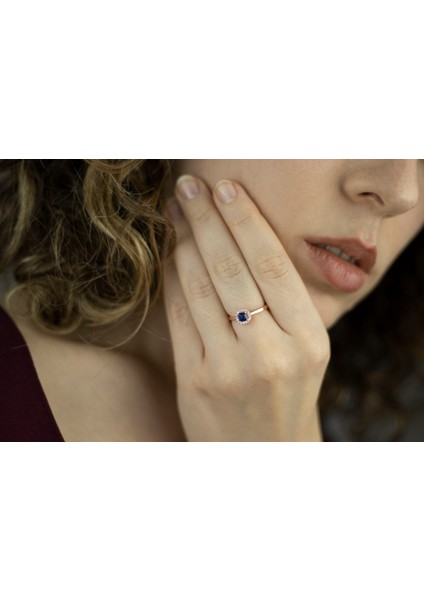 Mavi Kare Taşlı 925 Ayar Minimal Rose Gümüş Yüzük