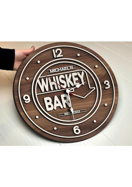 Barlara Özel Dekoratif Ceviz Ahşap Duvar Saati 35 cm -13 , Bar Duvar Saati , Cafe Duvar Saati , Özel Ahşap Saat