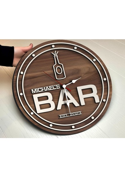Barlara Özel Dekoratif Ceviz Ahşap Duvar Saati 35 cm -5 , Bar Duvar Saati , Cafe Duvar Saati , Özel Ahşap Saat