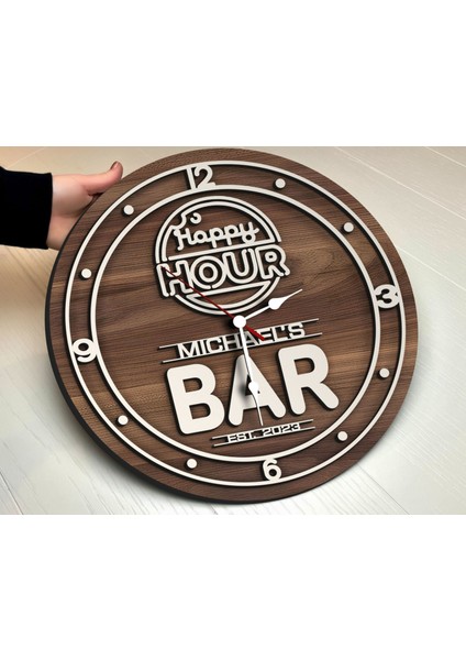 Barlara Özel Dekoratif Ceviz Ahşap Duvar Saati 35 cm -22 , Bar Duvar Saati , Cafe Duvar Saati , Özel Ahşap Saat