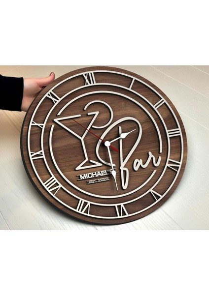 Barlara Özel Dekoratif Ceviz Ahşap Duvar Saati 35 cm -20 , Bar Duvar Saati , Cafe Duvar Saati , Özel Ahşap Saat