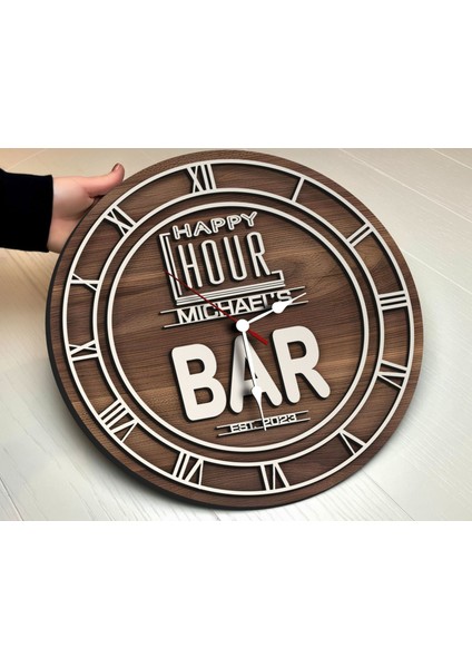 Barlara Özel Dekoratif Ceviz Ahşap Duvar Saati 35 cm -17 , Bar Duvar Saati , Cafe Duvar Saati , Özel Ahşap Saat