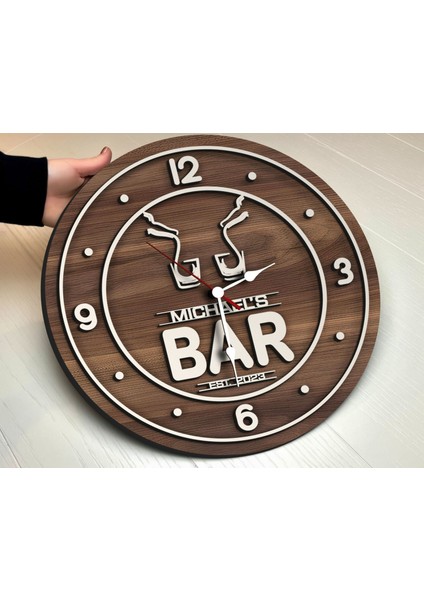 Barlara Özel Dekoratif Ceviz Ahşap Duvar Saati 35 cm -21 , Bar Duvar Saati , Cafe Duvar Saati , Özel Ahşap Saat
