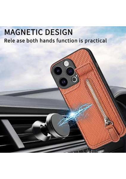 IPhone 15 Için Kılıf Pro Fermuar Cüzdan Manyetik Araç Montaj Crad Yuvası Standı (Yurt Dışından)