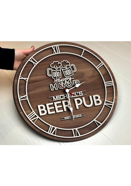 Barlara Özel Dekoratif Ceviz Ahşap Duvar Saati 35 cm -27 , Bar Duvar Saati , Cafe Duvar Saati , Özel Ahşap Saat
