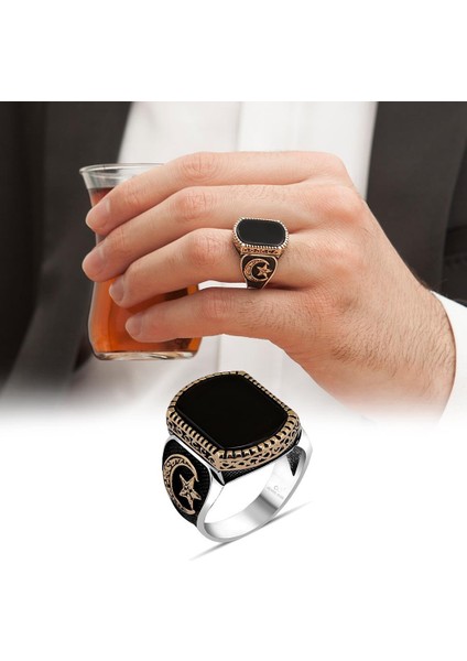 Oniks Taşlı Ayyıldız Desenli Gümüş Erkek Yüzük