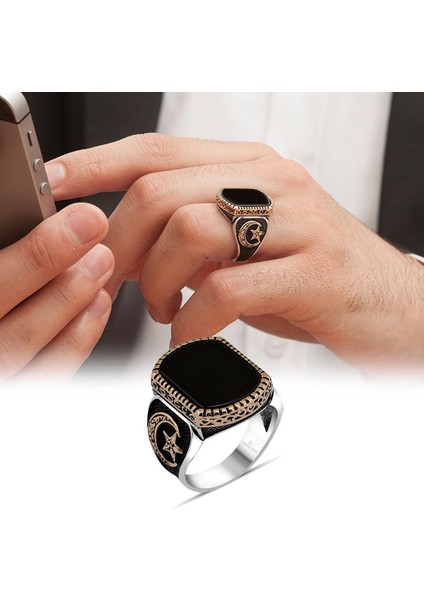 Oniks Taşlı Ayyıldız Desenli Gümüş Erkek Yüzük fiyatları