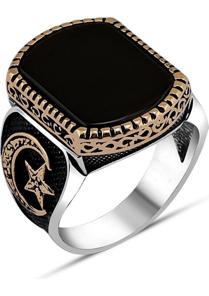 Oniks Taşlı Ayyıldız Desenli Gümüş Erkek Yüzük modelleri