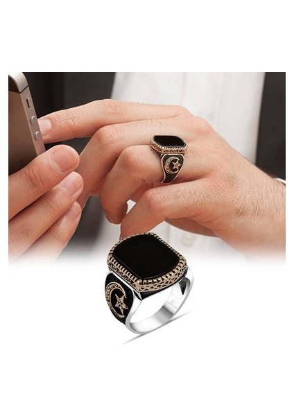 Oniks Taşlı Ayyıldız Desenli Gümüş Erkek Yüzük fırsatları