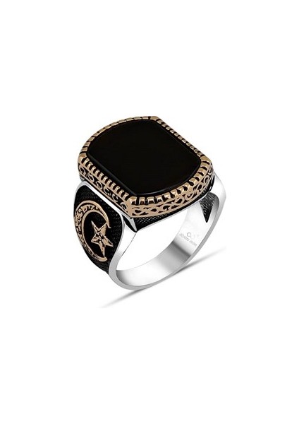 Oniks Taşlı Ayyıldız Desenli Gümüş Erkek Yüzük indirimleri