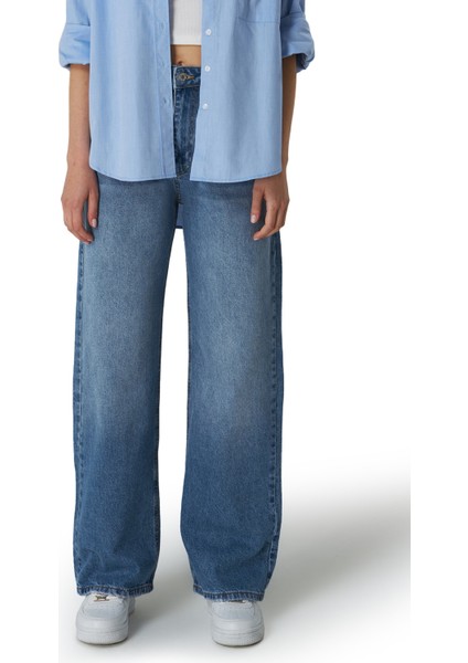 Mesfeno Palazzo Kadın Pantolon, Yüksel Bel, %100 Pamuk, Kot Rengi, Rahat Kesim, Denim Kumaş