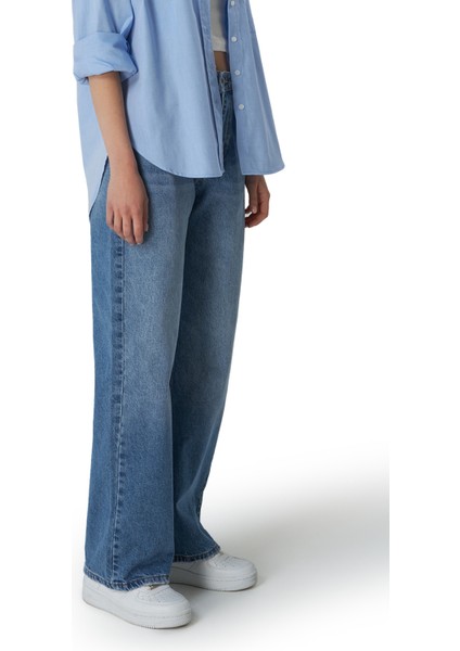 Mesfeno Palazzo Kadın Pantolon, Yüksel Bel, %100 Pamuk, Kot Rengi, Rahat Kesim, Denim Kumaş modelleri