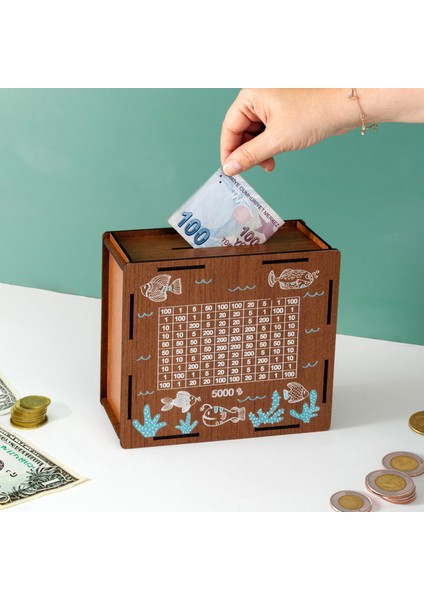 Balık Desenli 5000 Tl Hedefli Ahşap Kumbara - Parabox fırsatları