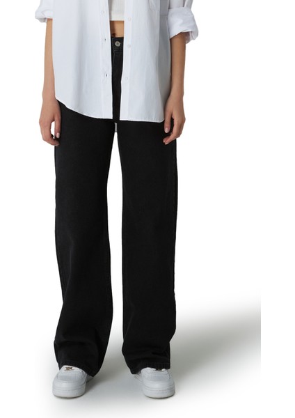 Mesfeno Palazzo Kadın Pantolon, Yüksel Bel, Pamuk, Kot Rengi, Rahat Kesim, Denim Kumaş