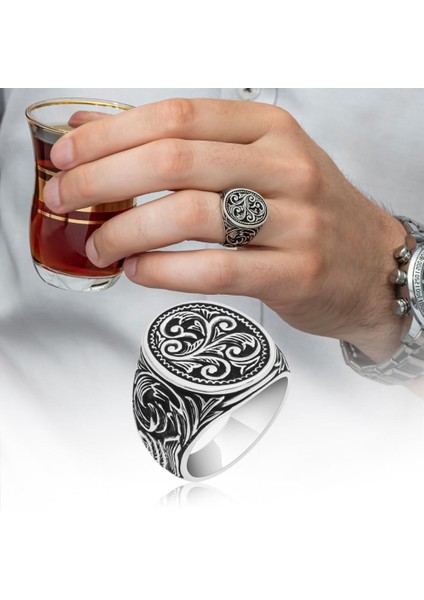 Oyma Desenli Oval Taşsız 925 Gümüş Erkek Yüzük