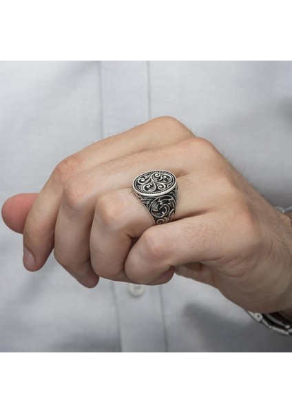Oyma Desenli Oval Taşsız 925 Gümüş Erkek Yüzük modelleri