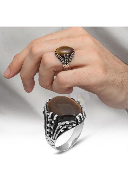 Kaplan Gözü Taşlı Oval 925 Gümüş Erkek Yüzük