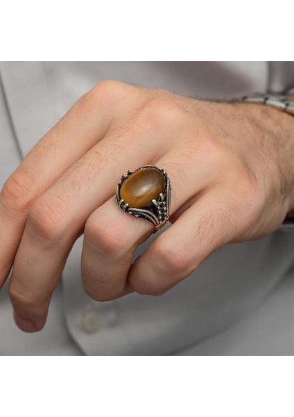 Kaplan Gözü Taşlı Oval 925 Gümüş Erkek Yüzük fiyatları