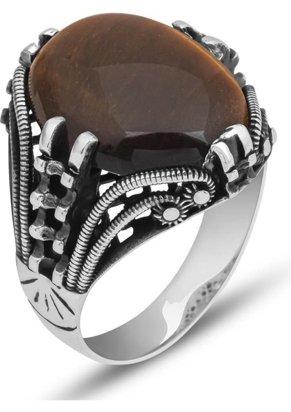 Kaplan Gözü Taşlı Oval 925 Gümüş Erkek Yüzük modelleri