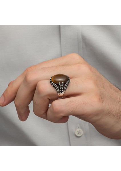 Kaplan Gözü Taşlı Oval 925 Gümüş Erkek Yüzük fırsatları