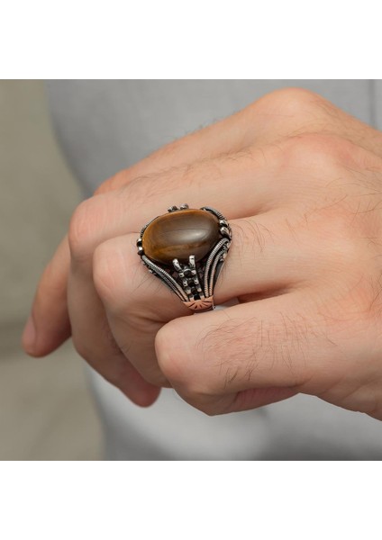 Kaplan Gözü Taşlı Oval 925 Gümüş Erkek Yüzük indirimleri