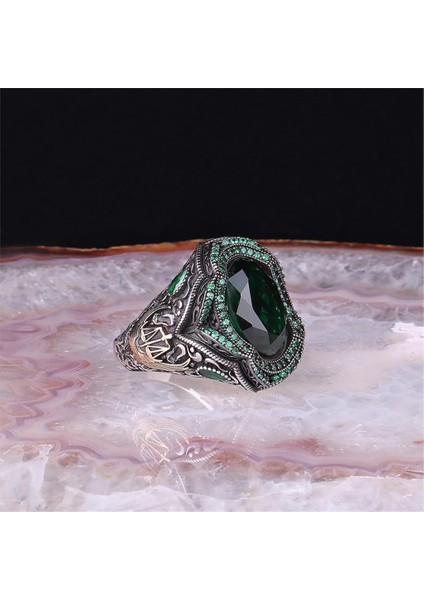 Yeşil Cam Taşlı Gümüş Erkek Yüzük