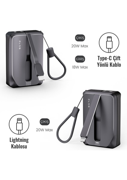 Zlos TINY10C 22.5W 10000 mAh Usb-C ve Lightning Dahili Kablolu Hızlı Şarj Destekli Taşınabilir Mini Powerbank TY10C