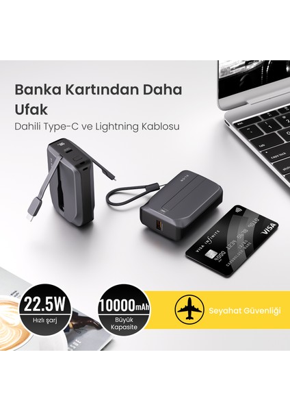 Zlos TINY10C 22.5W 10000 mAh Usb-C ve Lightning Dahili Kablolu Hızlı Şarj Destekli Taşınabilir Mini Powerbank TY10C