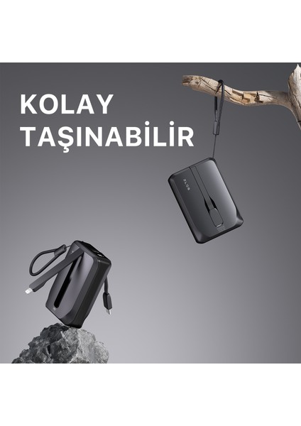 Zlos TINY10C 22.5W 10000 mAh Usb-C ve Lightning Dahili Kablolu Hızlı Şarj Destekli Taşınabilir Mini Powerbank TY10C