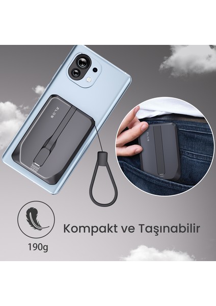 Zlos TINY10C 22.5W 10000 mAh Usb-C ve Lightning Dahili Kablolu Hızlı Şarj Destekli Taşınabilir Mini Powerbank TY10C