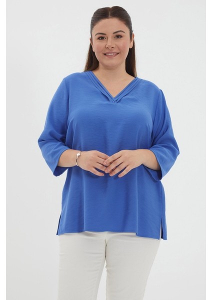 Büyük Beden Yakası Biyeli Truvakar Kol Bluz