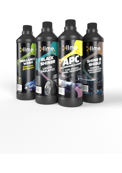 Lime Cleaner Lastik Parlatıcı, Torpido Temizleyici ve Koruyucu, Genel Temizleyici, Cilalı Oto Şampuanı 4'lü Avantajlı Set Paket