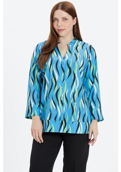 Büyük Beden Etek Ucu Parçalı Dalga Desen Bluz