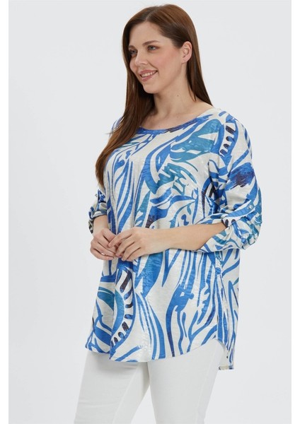 Büyük Beden Yanları Yırtmaçlı Soyut Desen Bluz