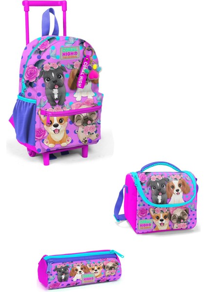 Minik Yuva Çekçekli Sırt Çantası Kids Pembe Köpek Desenli Iki Bölmeli 3'lü Çanta Seti 3SET24050